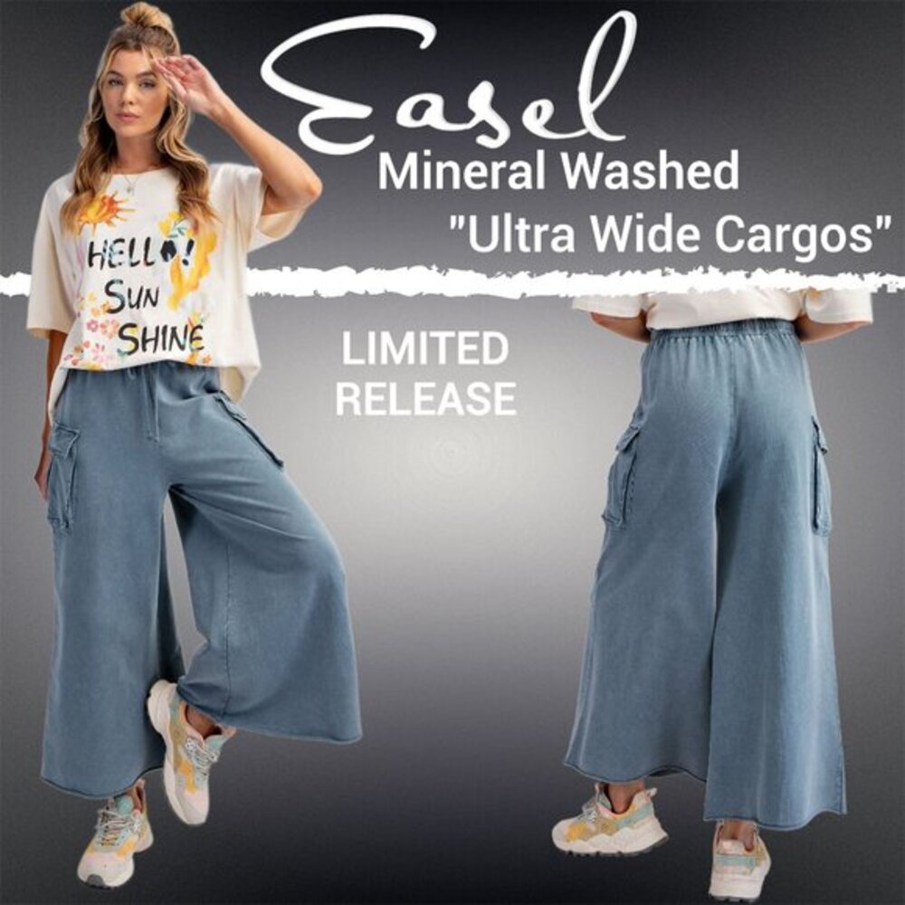 📌 EASEL "Ultra Wide Cargo" Mineral Wash Terry Knit Cotton Pants Limited Edition!